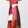 Abstract Print Silk Satin Midi Dress