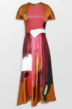 Abstract Print Silk Satin Midi Dress