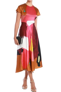 Abstract Print Silk Satin Midi Dress