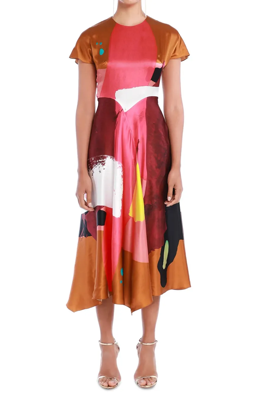 Abstract Print Silk Satin Midi Dress