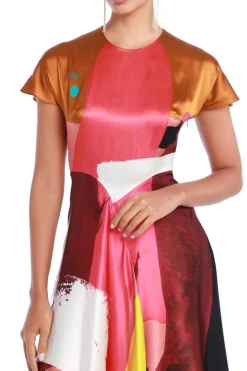Abstract Print Silk Satin Midi Dress