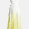 Acapella Ruched Sleeveless Linen Midi Dress in White and Yellow
