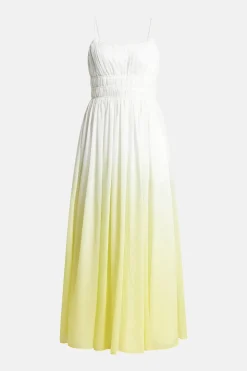 Acapella Ruched Sleeveless Linen Midi Dress in White and Yellow