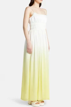 Acapella Ruched Sleeveless Linen Midi Dress in White and Yellow