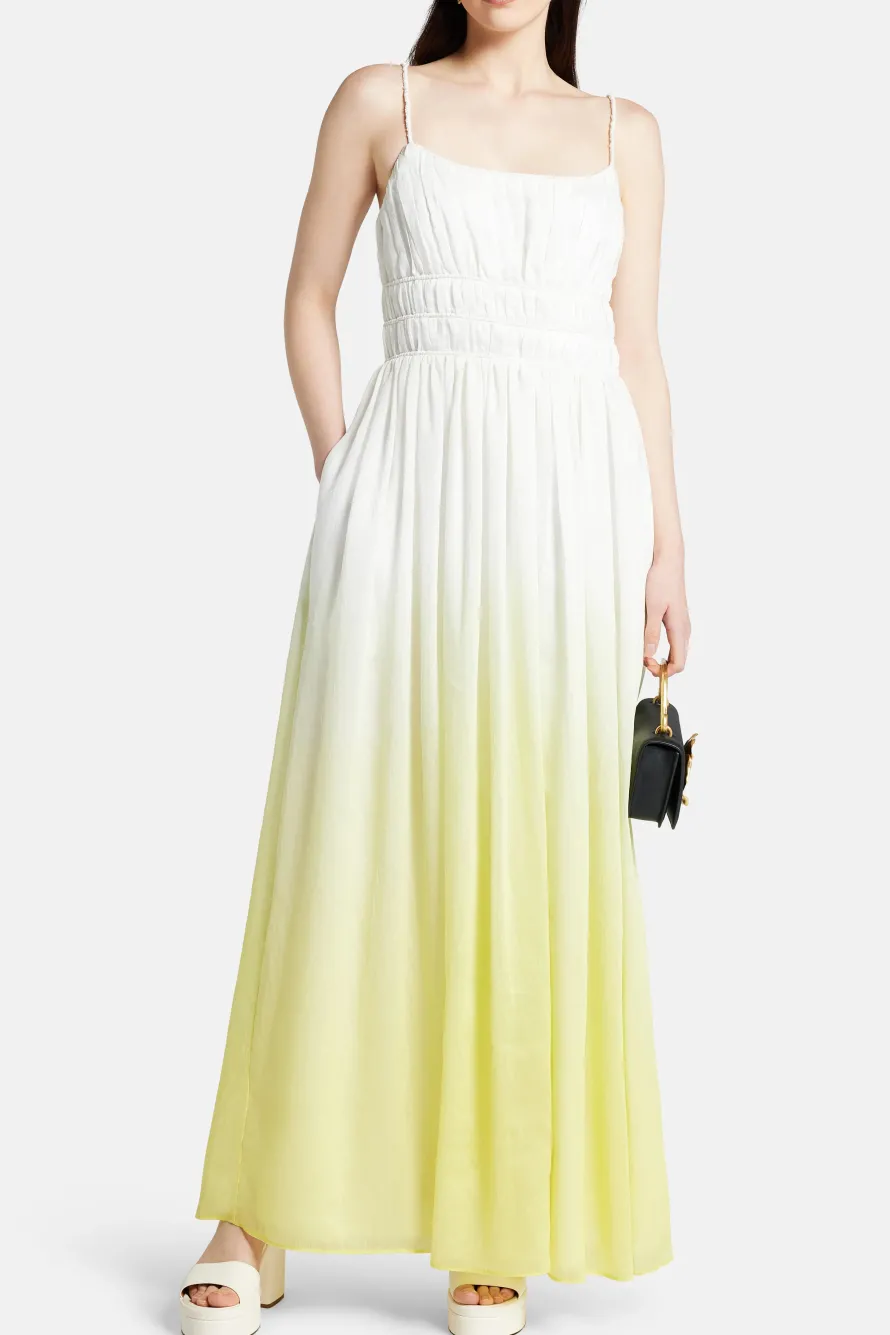 Acapella Ruched Sleeveless Linen Midi Dress in White and Yellow