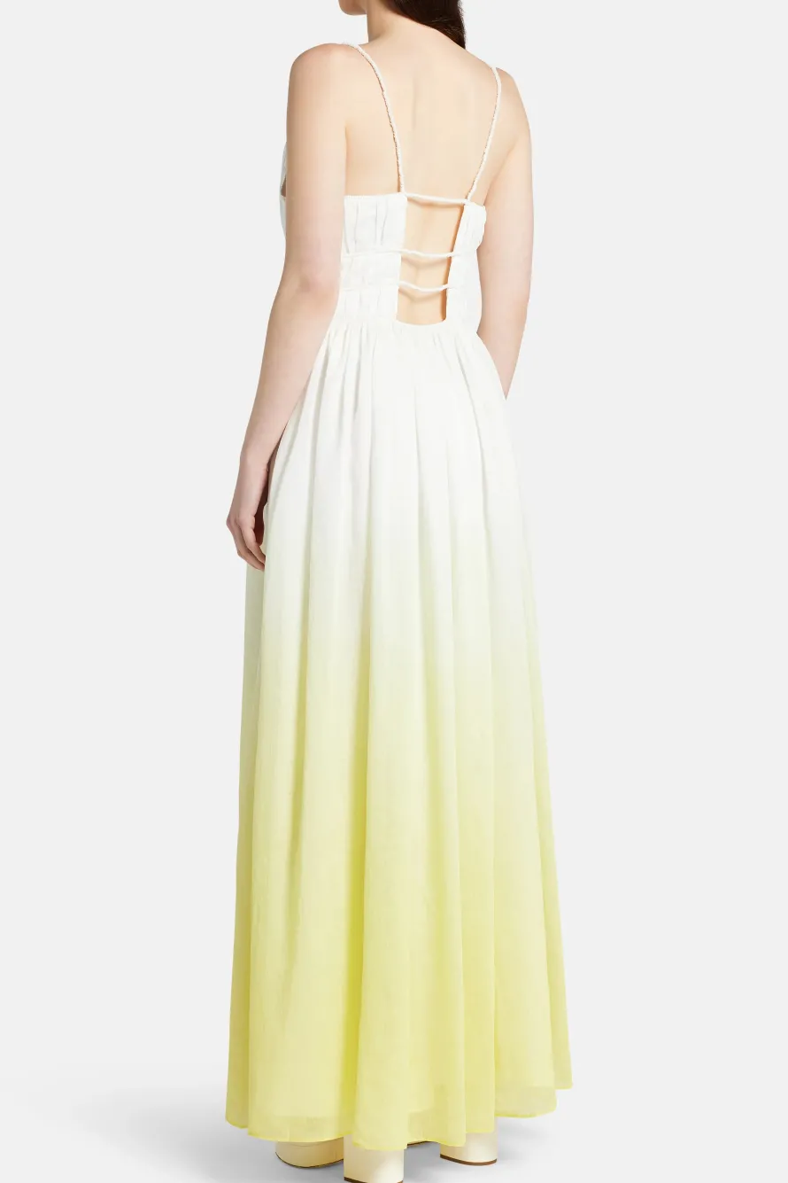 Acapella Ruched Sleeveless Linen Midi Dress in White and Yellow