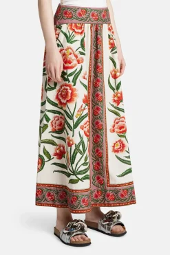 Ainika Delicate Floral Cotton Midi Skirt in White and Orange