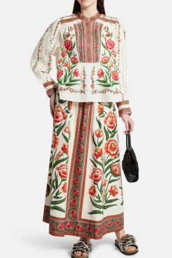 Ainika Delicate Floral Cotton Midi Skirt in White and Orange