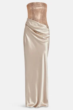 Alexandra Off Shoulder Sequin Evening Dress in Cream and Gold