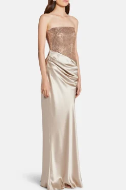 Alexandra Off Shoulder Sequin Evening Dress in Cream and Gold