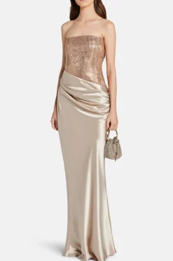 Alexandra Off Shoulder Sequin Evening Dress in Cream and Gold
