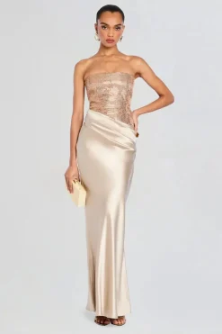 Alexandra Off Shoulder Sequin Evening Dress in Cream and Gold