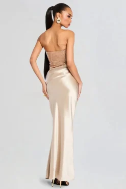 Alexandra Off Shoulder Sequin Evening Dress in Cream and Gold