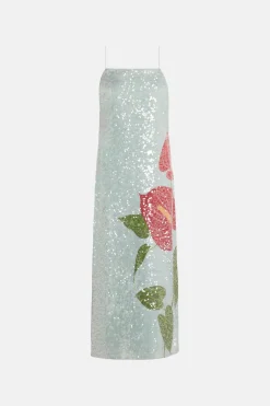 Anthurium Flowers Sequin Slip Maxi Dress