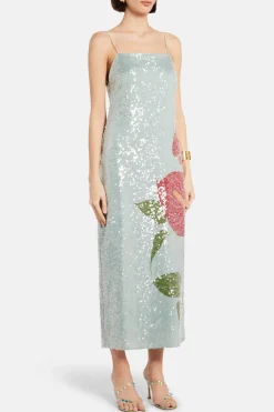 Anthurium Flowers Sequin Slip Maxi Dress