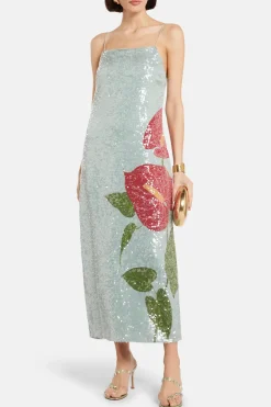 Anthurium Flowers Sequin Slip Maxi Dress