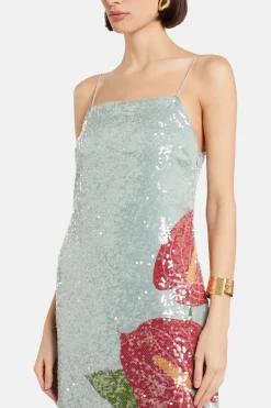 Anthurium Flowers Sequin Slip Maxi Dress