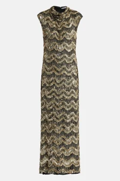 Apolline Cap Sleeve Embellished Evening Dress in Black/ Gold
