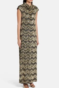 Apolline Cap Sleeve Embellished Evening Dress in Black/ Gold