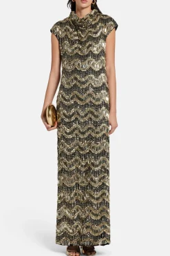 Apolline Cap Sleeve Embellished Evening Dress in Black/ Gold