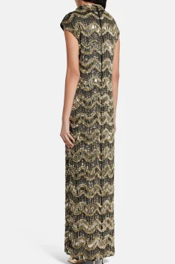 Apolline Cap Sleeve Embellished Evening Dress in Black/ Gold