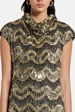 Apolline Cap Sleeve Embellished Evening Dress in Black/ Gold