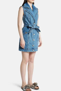 Balance Sleeveless Denim Cotton Mini Dress in Blue