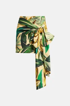 Banana Art Tie Gathering Mini Skirt in Yellow and Green
