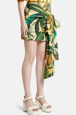 Banana Art Tie Gathering Mini Skirt in Yellow and Green