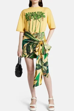Banana Art Tie Gathering Mini Skirt in Yellow and Green
