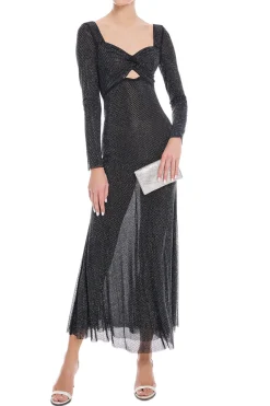 Black Rhinestone Mesh Midi Dress