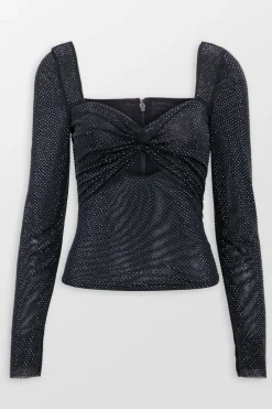 Black Rhinestone Mesh Top