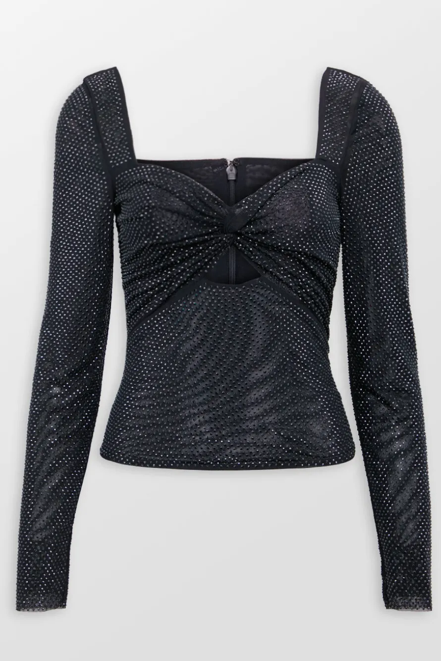 Black Rhinestone Mesh Top