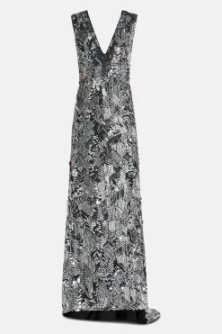 Bonnie Sleeveless Plunge Neck Evening Gown in Black/ Silver