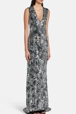 Bonnie Sleeveless Plunge Neck Evening Gown in Black/ Silver