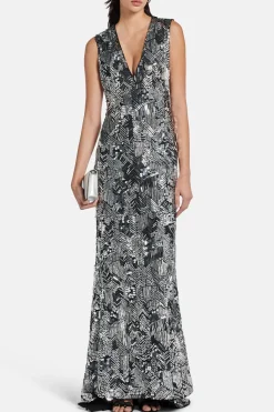 Bonnie Sleeveless Plunge Neck Evening Gown in Black/ Silver