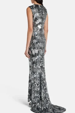 Bonnie Sleeveless Plunge Neck Evening Gown in Black/ Silver
