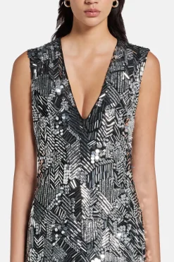 Bonnie Sleeveless Plunge Neck Evening Gown in Black/ Silver