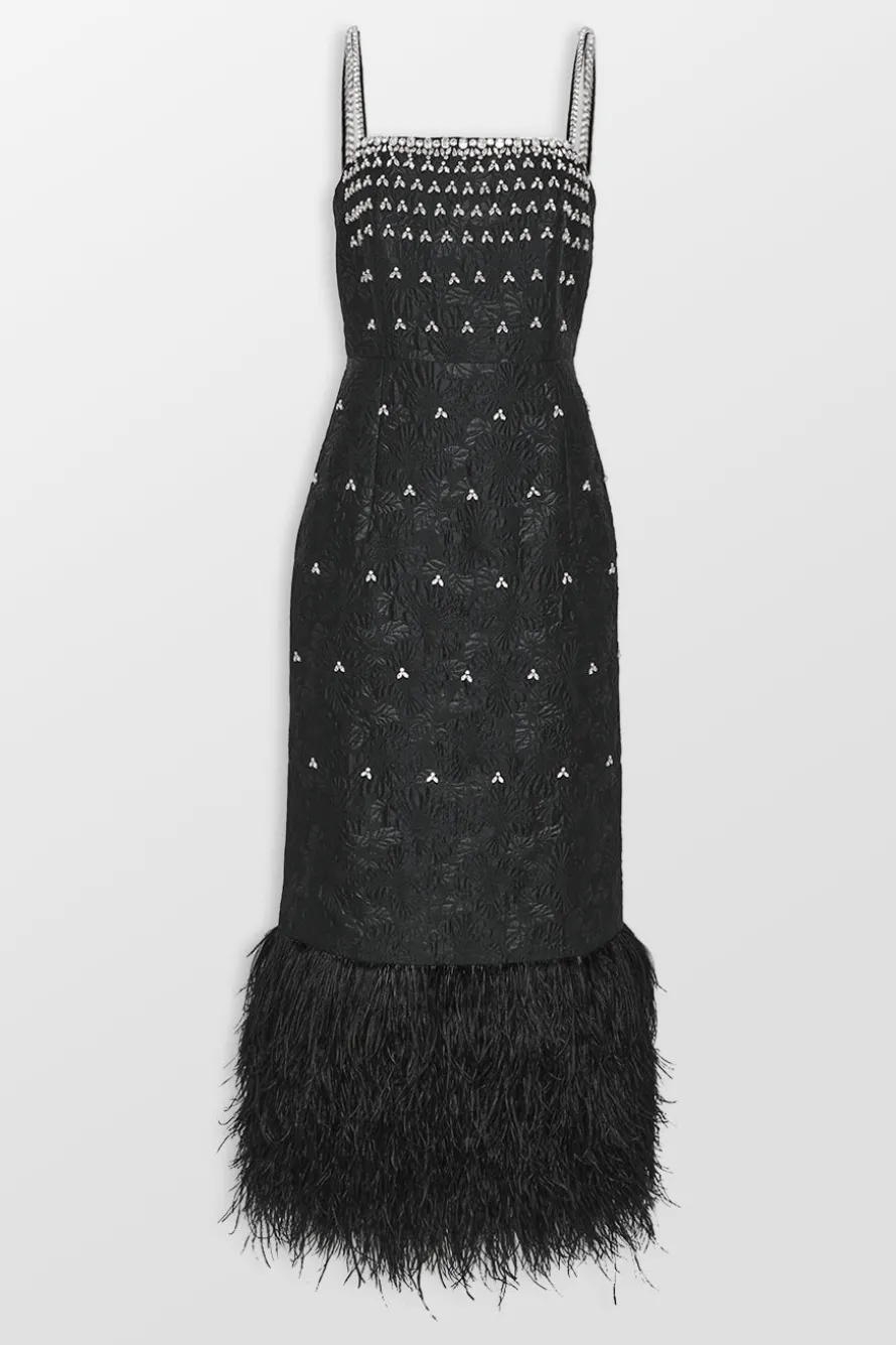 Bustier Midi Dress With Crystal Details & Feathers