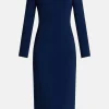 Calypso Off Shoulder Embellished Cocktail Midi Dress in Navy Blue