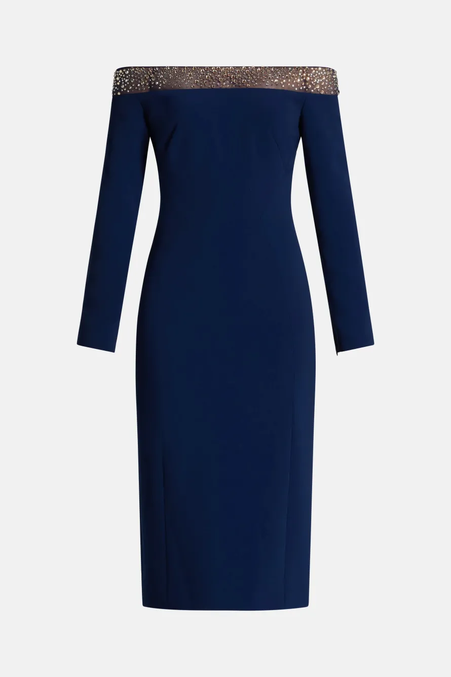 Calypso Off Shoulder Embellished Cocktail Midi Dress in Navy Blue