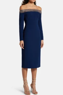 Calypso Off Shoulder Embellished Cocktail Midi Dress in Navy Blue