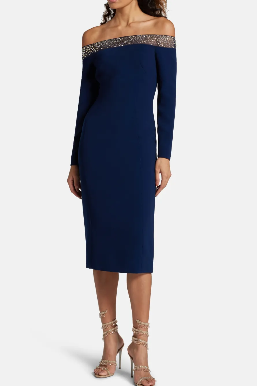 Calypso Off Shoulder Embellished Cocktail Midi Dress in Navy Blue