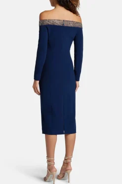 Calypso Off Shoulder Embellished Cocktail Midi Dress in Navy Blue
