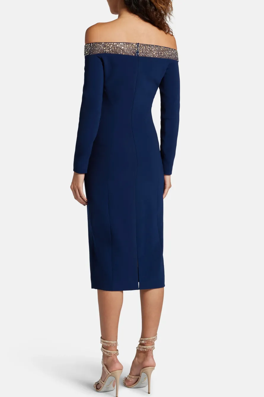 Calypso Off Shoulder Embellished Cocktail Midi Dress in Navy Blue