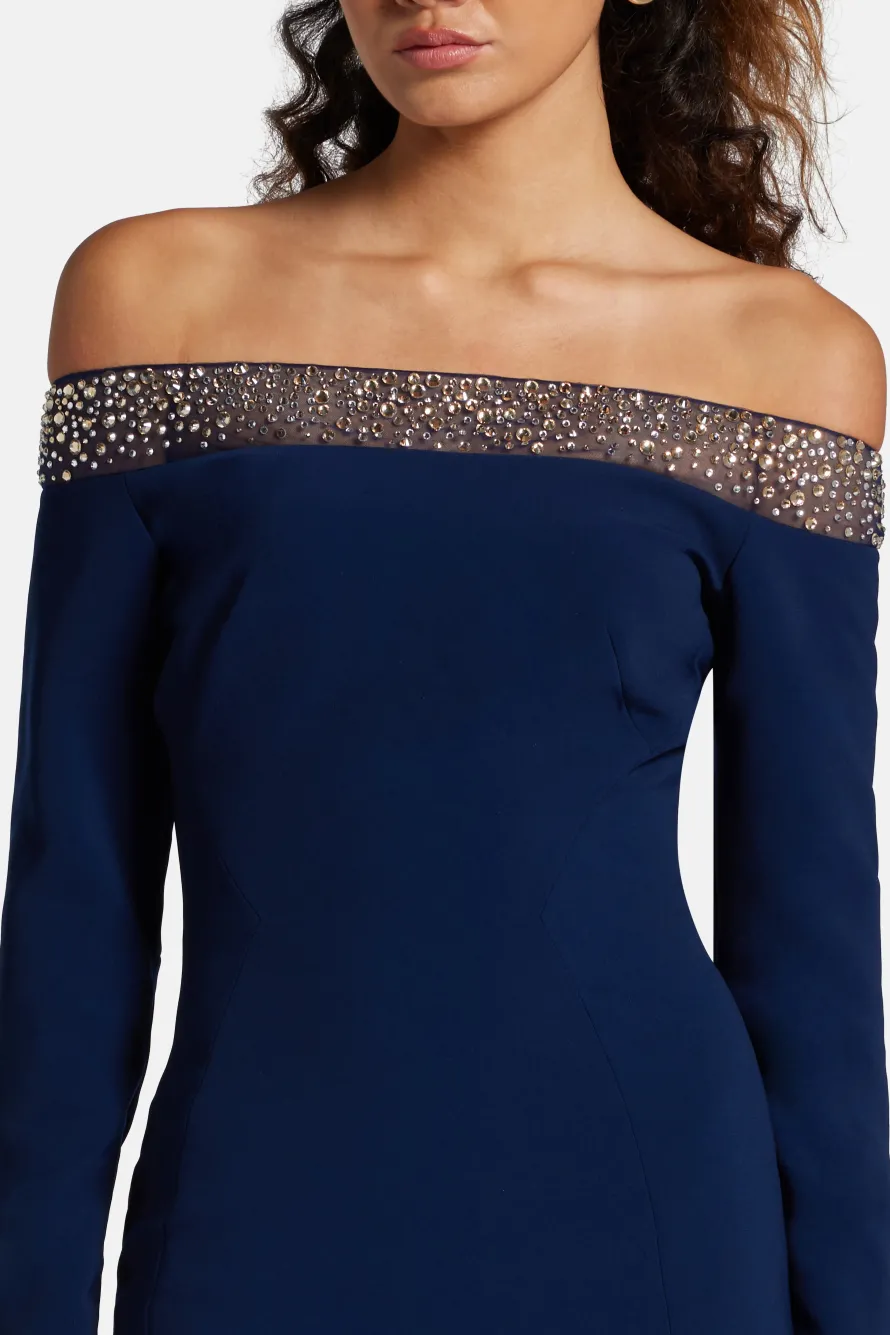 Calypso Off Shoulder Embellished Cocktail Midi Dress in Navy Blue