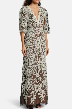 Cape Embroidery On Tulle Evening Gown in Black