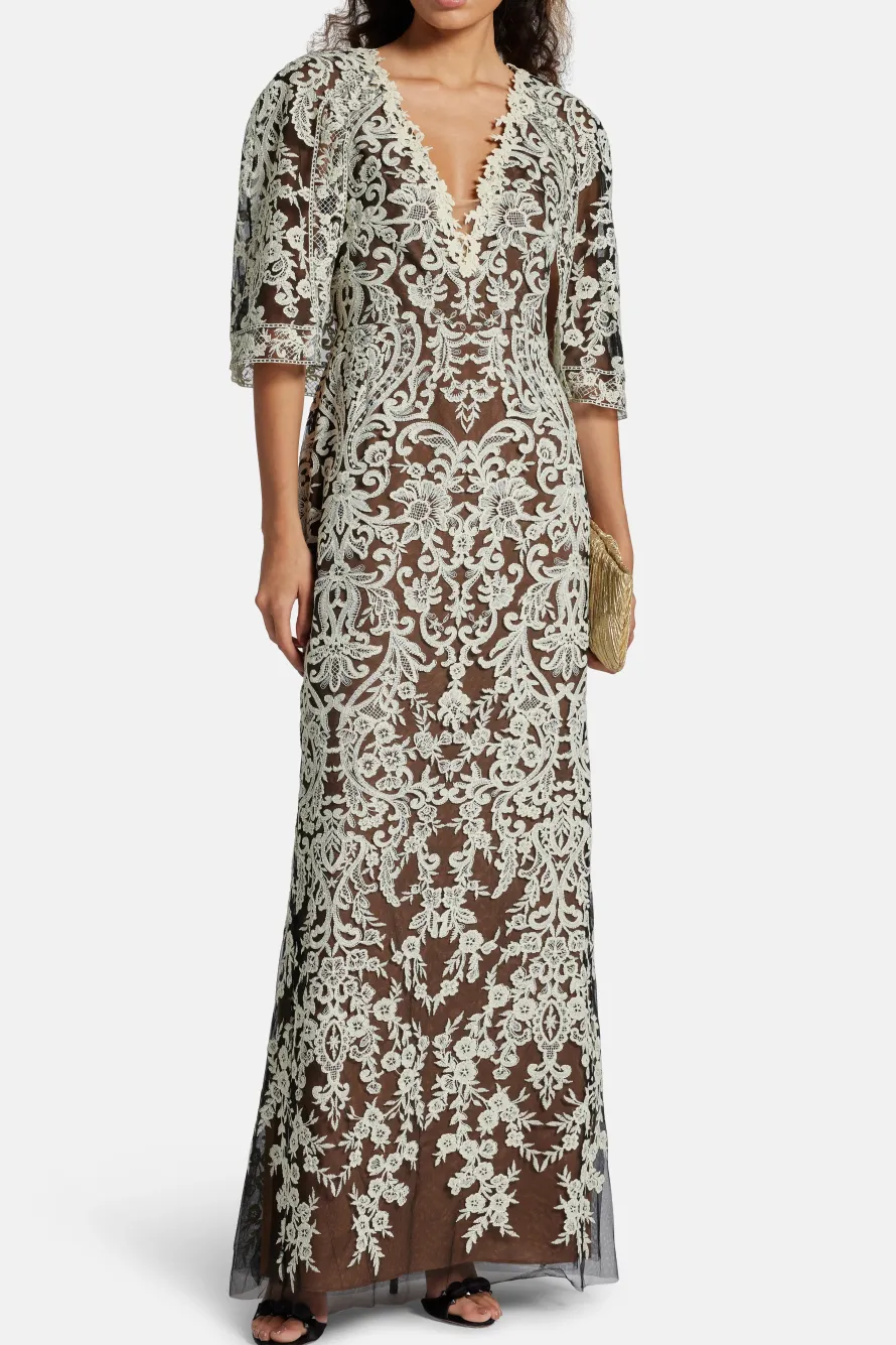 Cape Embroidery On Tulle Evening Gown in Black