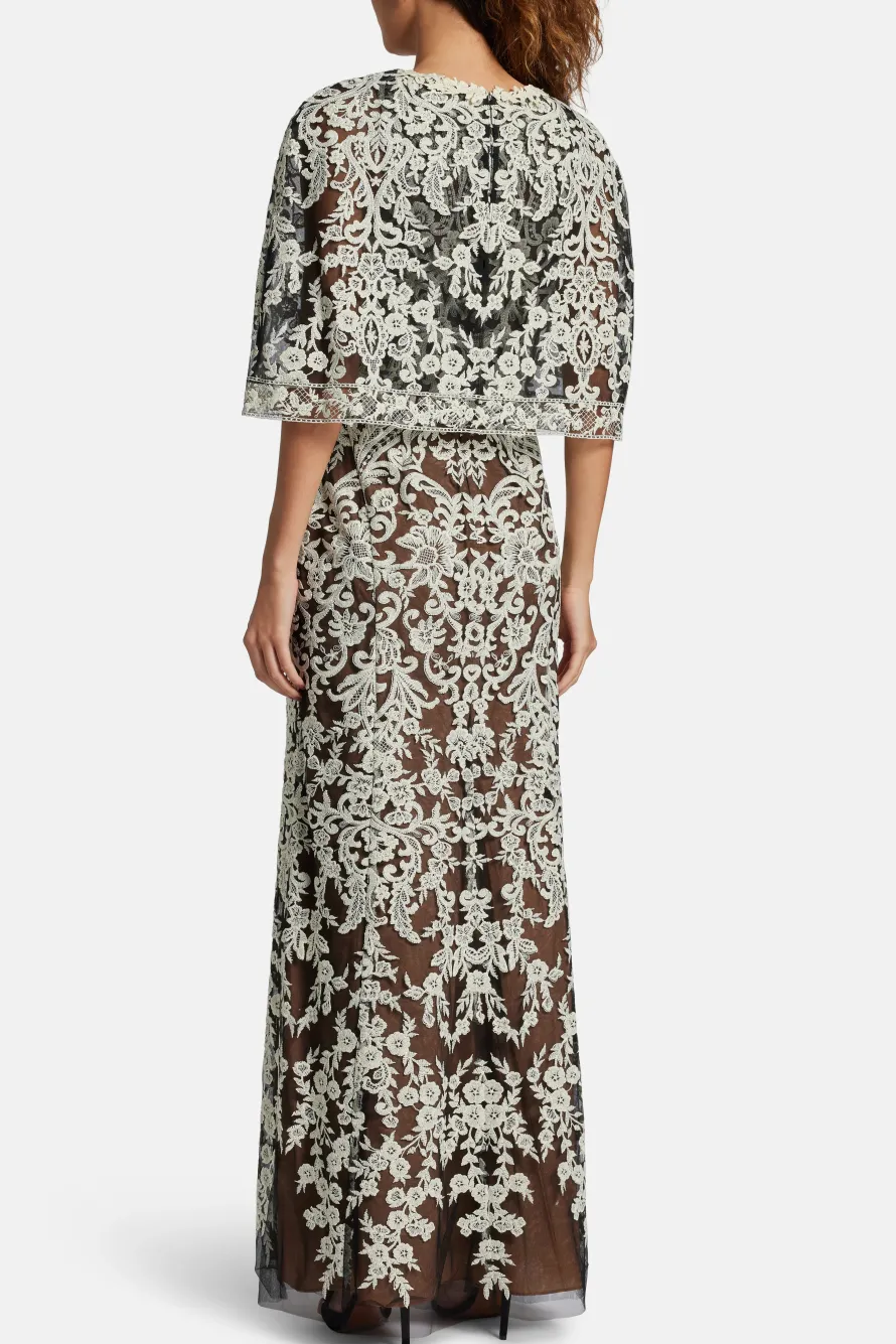 Cape Embroidery On Tulle Evening Gown in Black