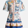 Cerrado Stamps Short Sleeve Linen Mini Dress in White and Blue